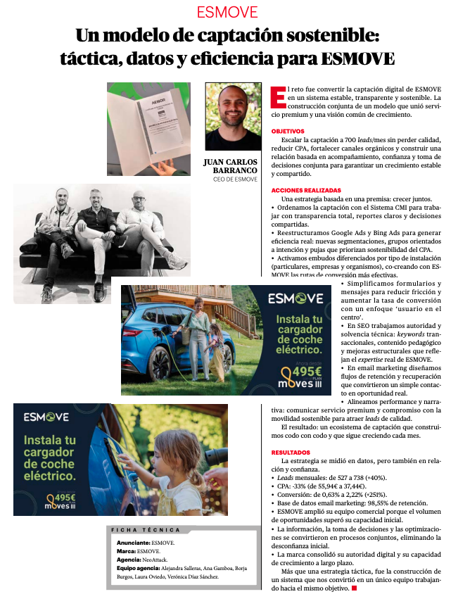 ESMOVE dispara su captación un 40% y lleva su modelo de crecimiento sostenible a los Premios IPMARK